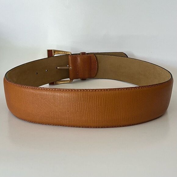 Statement 2” Wide Belt Made in Italy British Tan Lizard Embossed Leather Medium main image 5